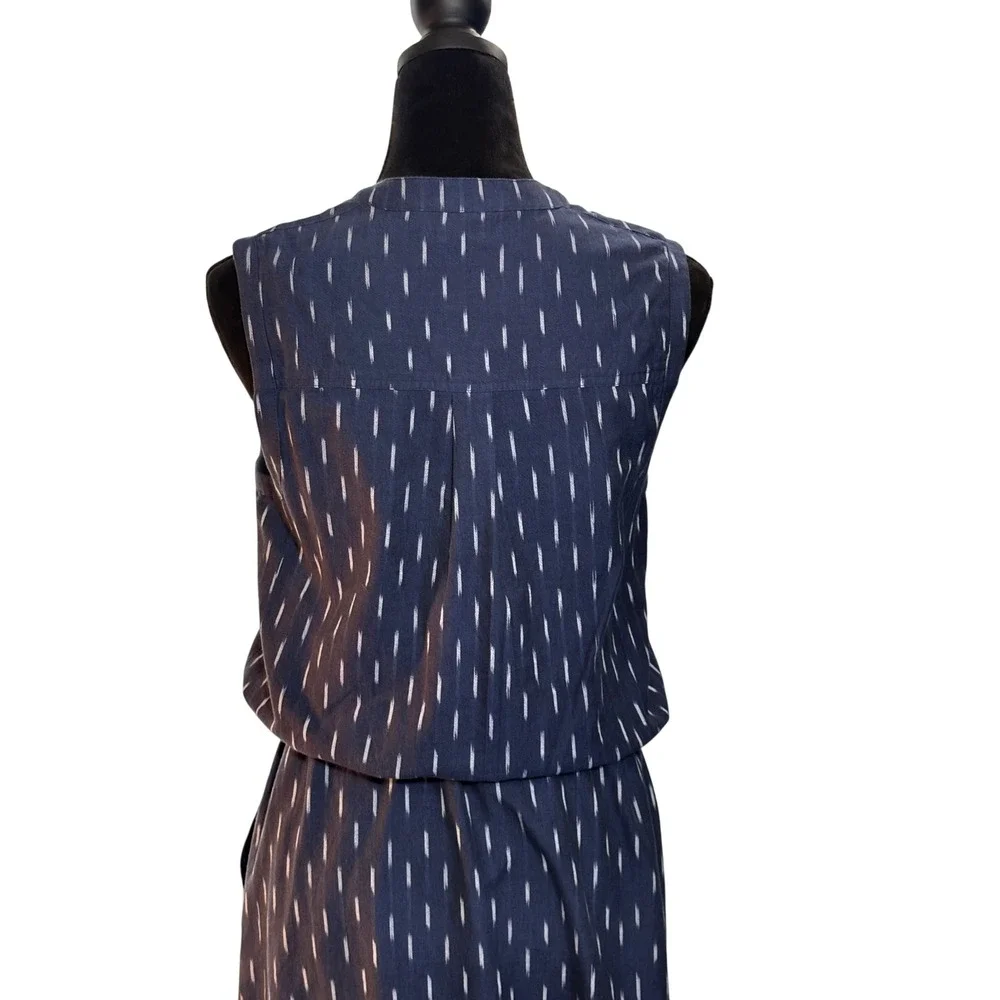Faherty‎ Women XS Blue Ikat Print Sleeveless Linen Midi Dress Drawstring Waist - Picture 11 of 16